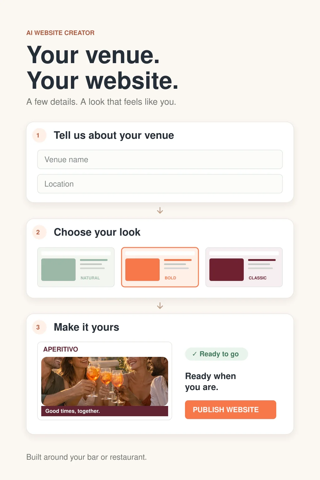 AI Web Creator onboarding: tell us about your venue, choose your look, make it yours