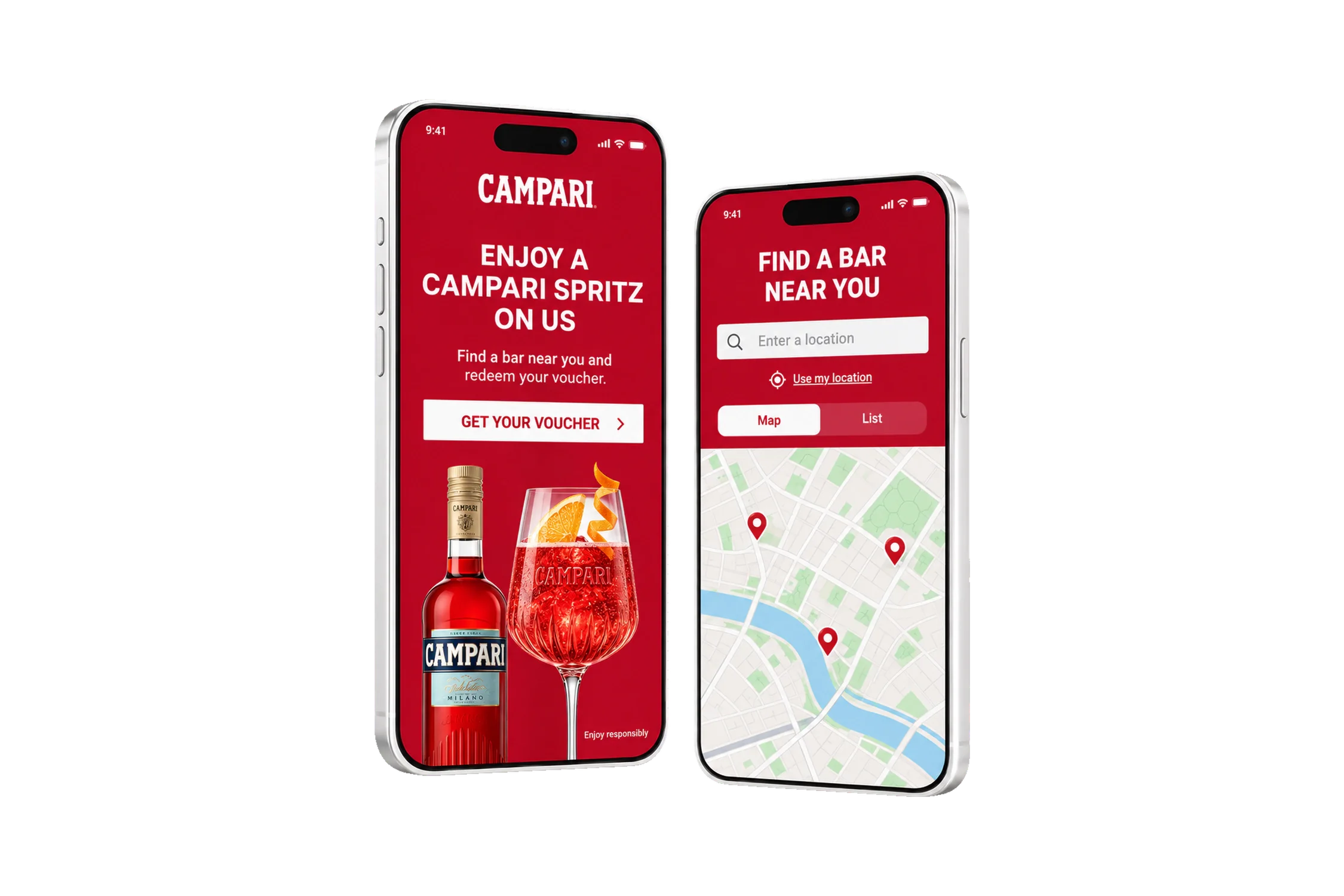 Campari Spritz campaign: voucher page and bar finder on two smartphones