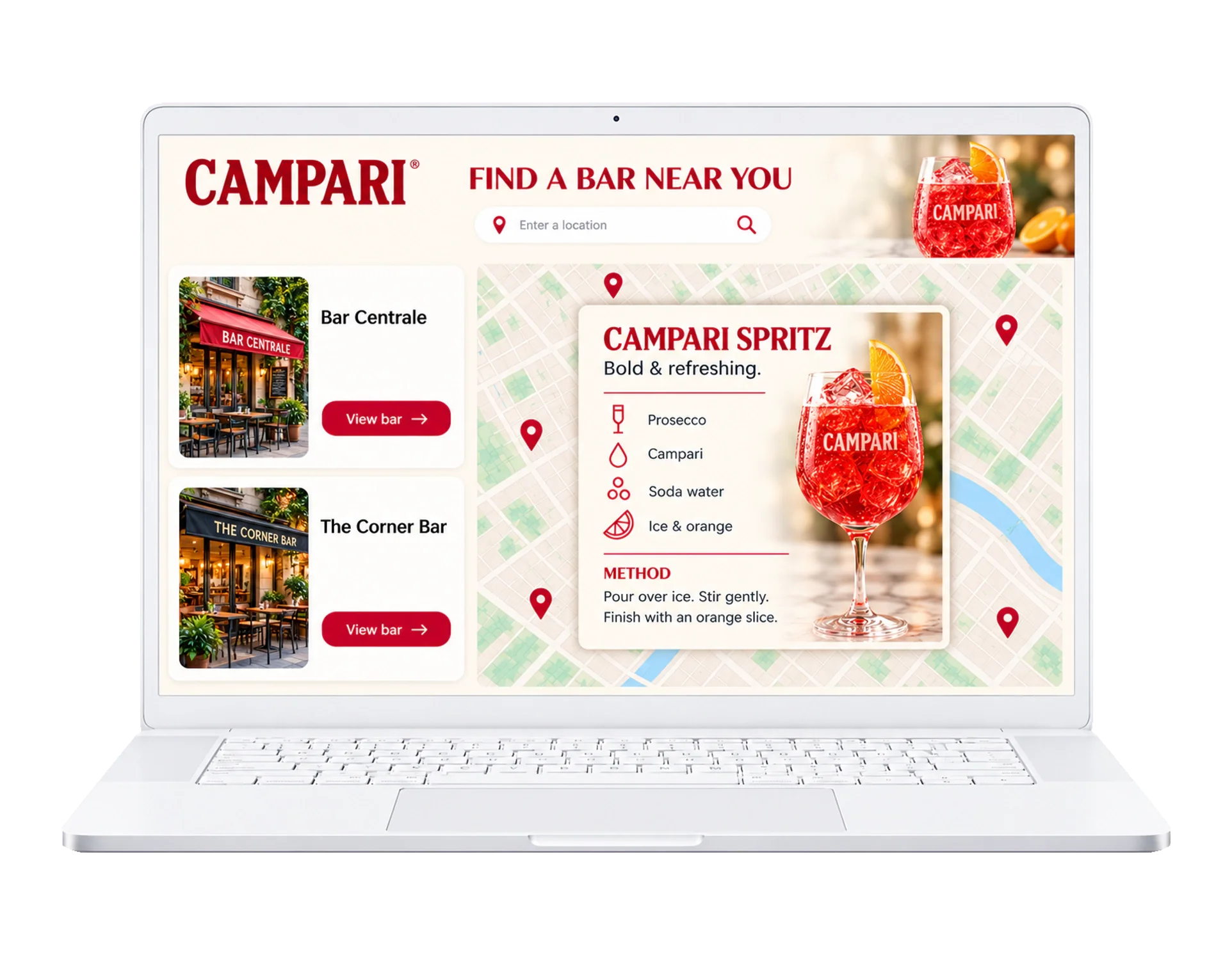 Campari Spritz partner bar map on a laptop