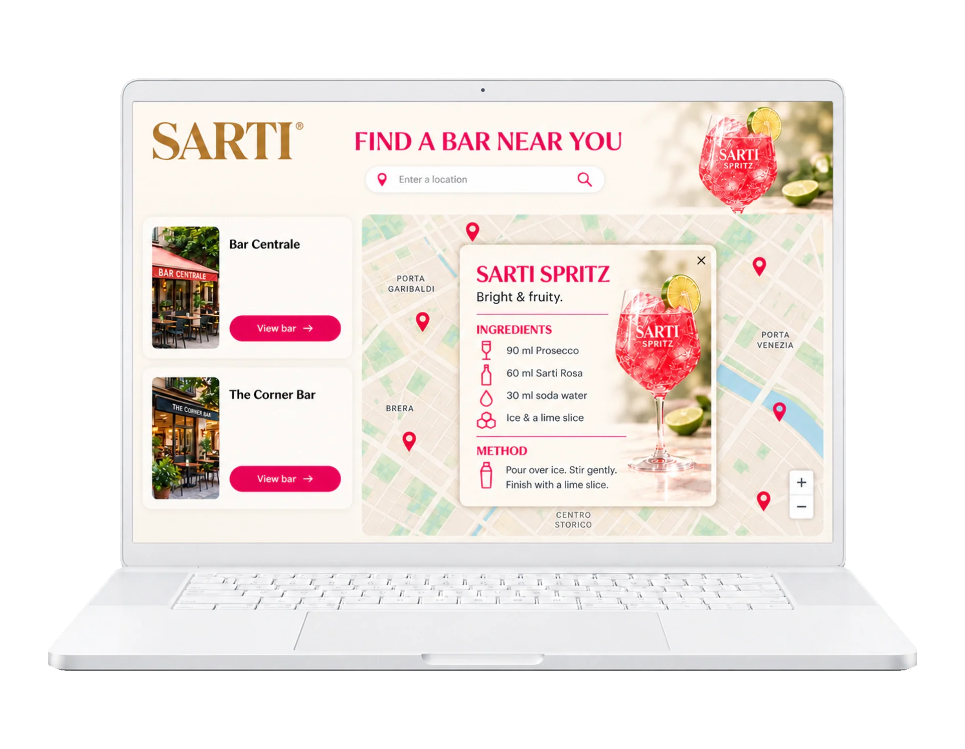 Find a bar near you: the Sarti Spritz partner bar map on a laptop