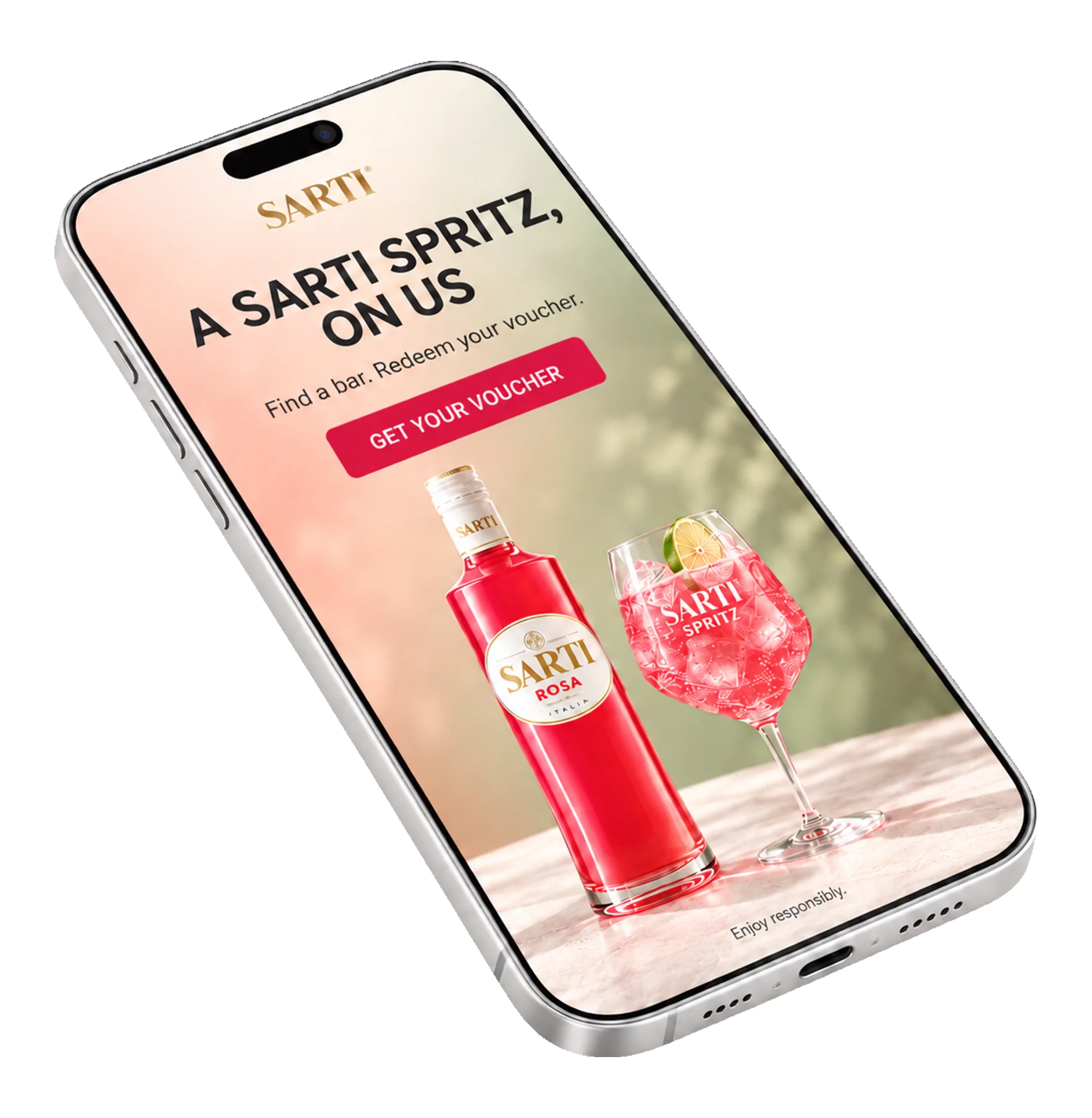 Sarti Spritz campaign landing page on a smartphone with the voucher call to action